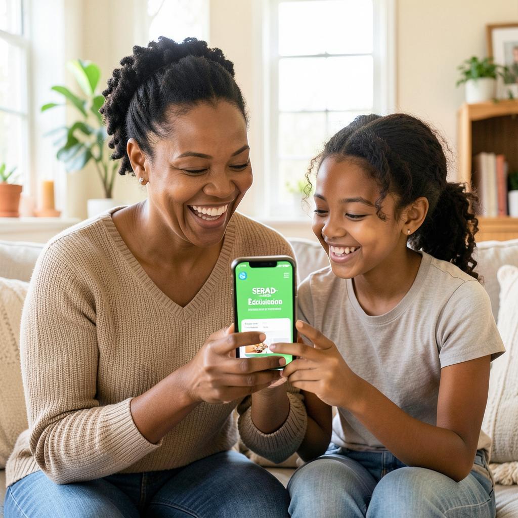 Une maman et sa fille découvrent avec joie l'application SERAD-Éducation